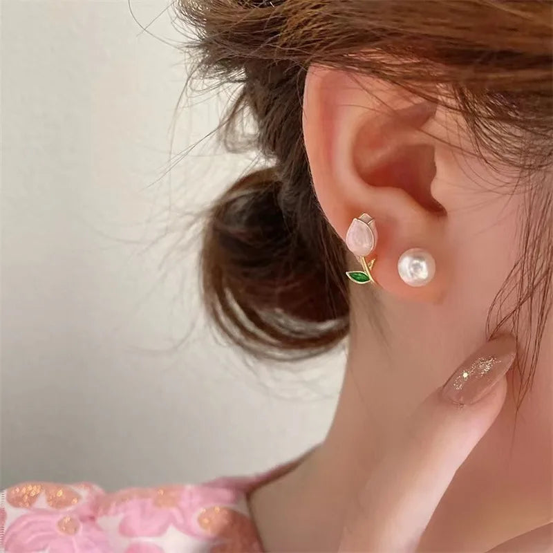 Pearl Tulip Flower Stud Earrings