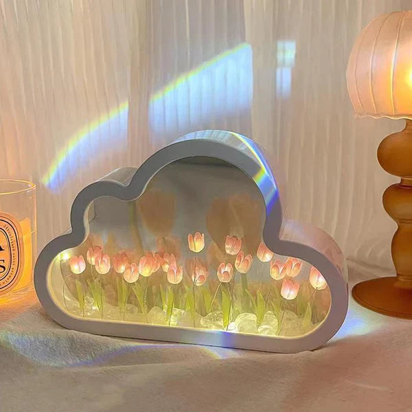 DIY Cloud Tulip LED Night Light Girl Bedroom Ornaments Creative Photo Frame Mirror Table Lamps Bedside Handmade Birthday Gifts