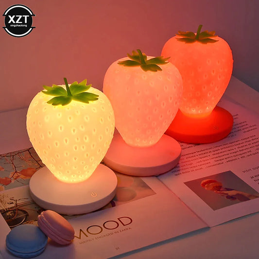 LED Strawberry Lamp for Bedroom Silicon Touch-Sensor USB Rechargeable Dimmable Idyllic Bedside Night Light for House Decoration