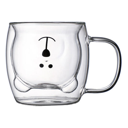 Double Glass Cup Coffee Mug Bear Cat Dog Animal Transparent
