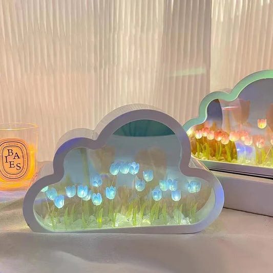 DIY Cloud Tulip LED Night Light Girl Bedroom Ornaments Creative Photo Frame Mirror Table Lamps Bedside Handmade Birthday Gifts