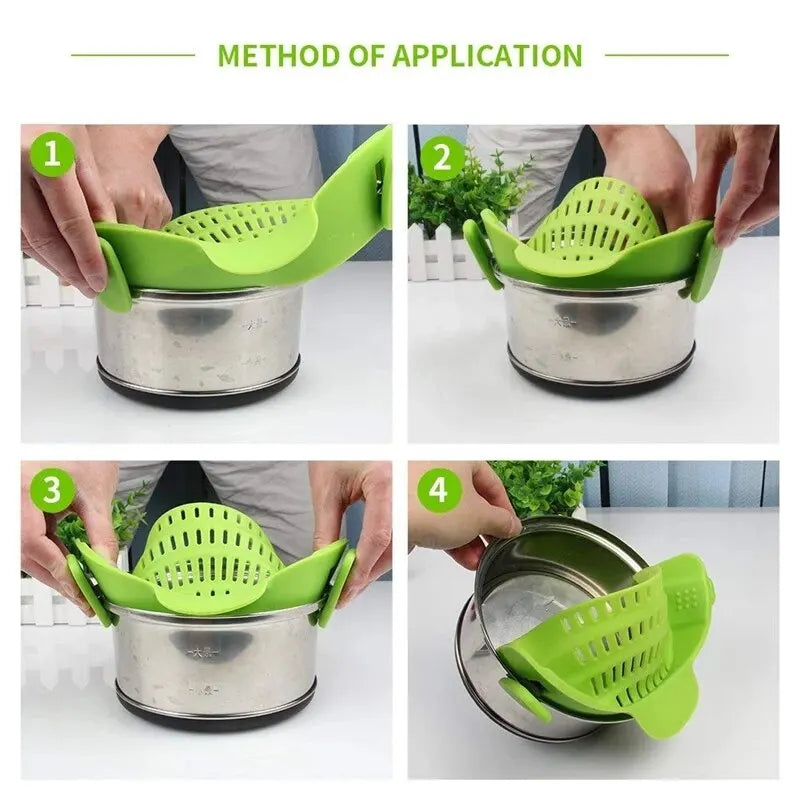 Universal Silicone Clip on Pan Pot Strainer Anti Spill Pasta Pot Strainer Food Grade Fruit Colander for Pasta Fruit Vegetable