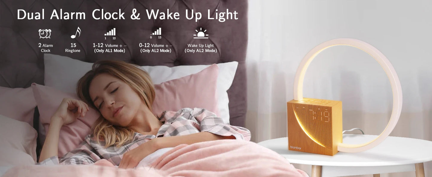 Blonbar Bedside Lamp, Touch Table Lamp with Natural Sounds, Desk Lamp with Alarm Clock, Touch Control 3 Levels Brightness